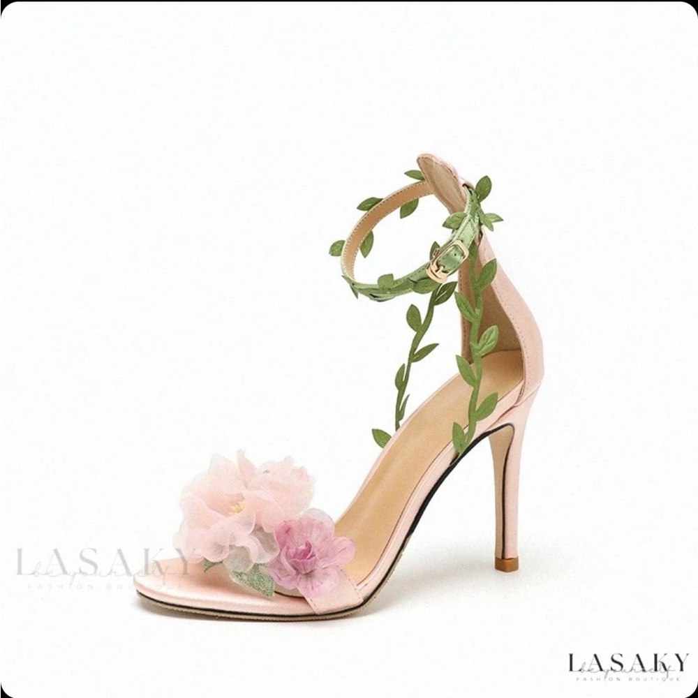 Pink Garden Dream High Heels with Snow Chiffon Flower and Vine Straps/Brand New